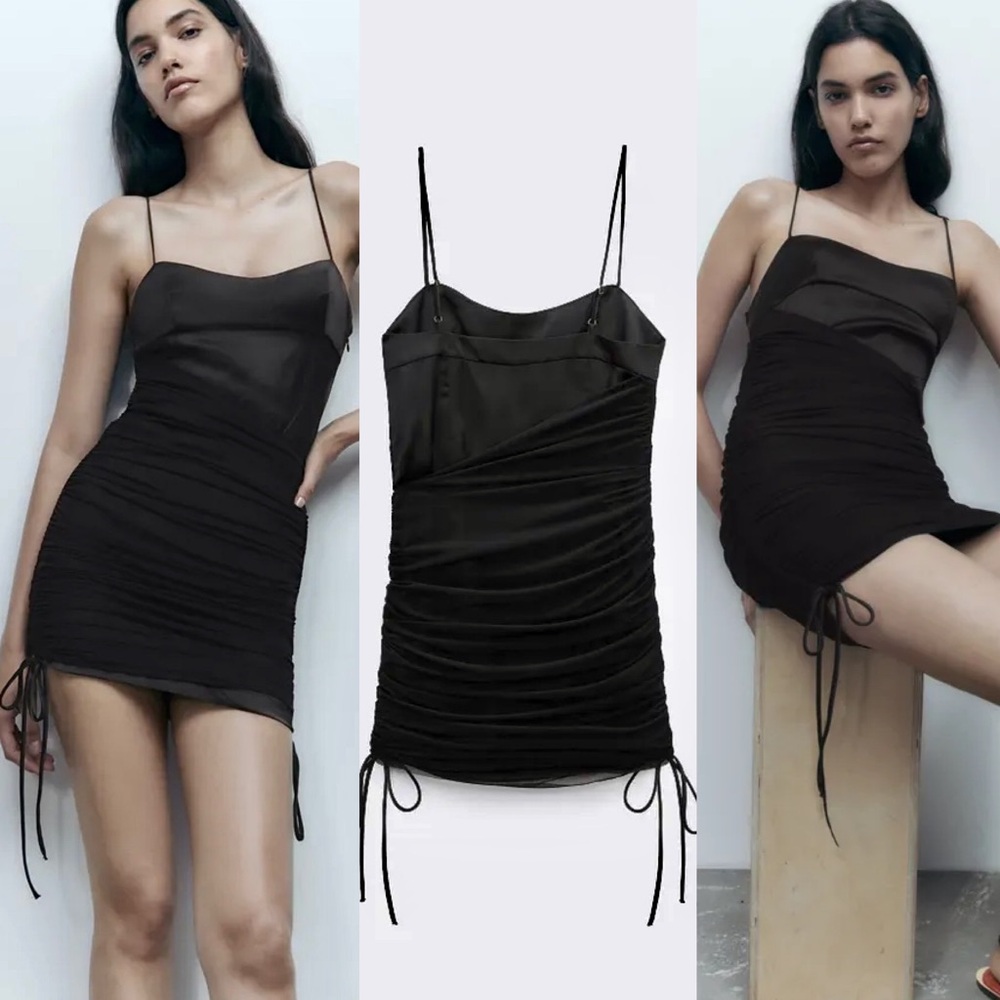 Zara mesh contrast black mini ruched dress